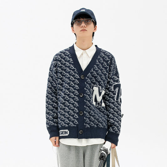 Men's Jacquard Letter V Neck Button Cardigan Sweater